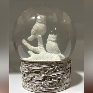 Two Owls Snow Globe On Tree  White Faux Birch Base Nature Animals Outdoors Birds